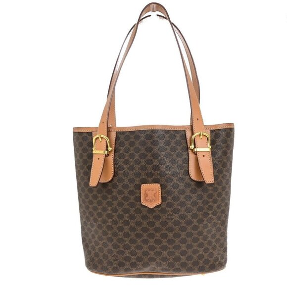 CELINE Logo Macadam Pattern Shoulder Bag PVC Leather Brown Gold Italy 69EC799 - Picture 1 of 16